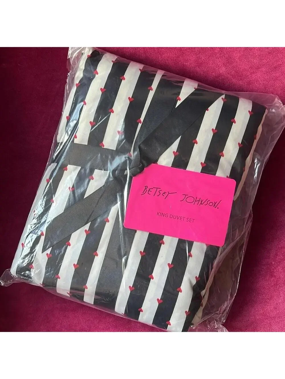 NEW Betsey Johnson KING DUVET SET Black White Stripe Cover Pillow Cases NIP